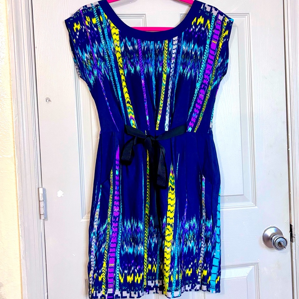 BeBop Fit & Flare Dress Womens Large Geometric Belted Dolman Y2K Boho Cottage - Picture 3 of 10